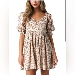 Olivaceous Cream Floral Linen Mini Dress with Puff Sleeves